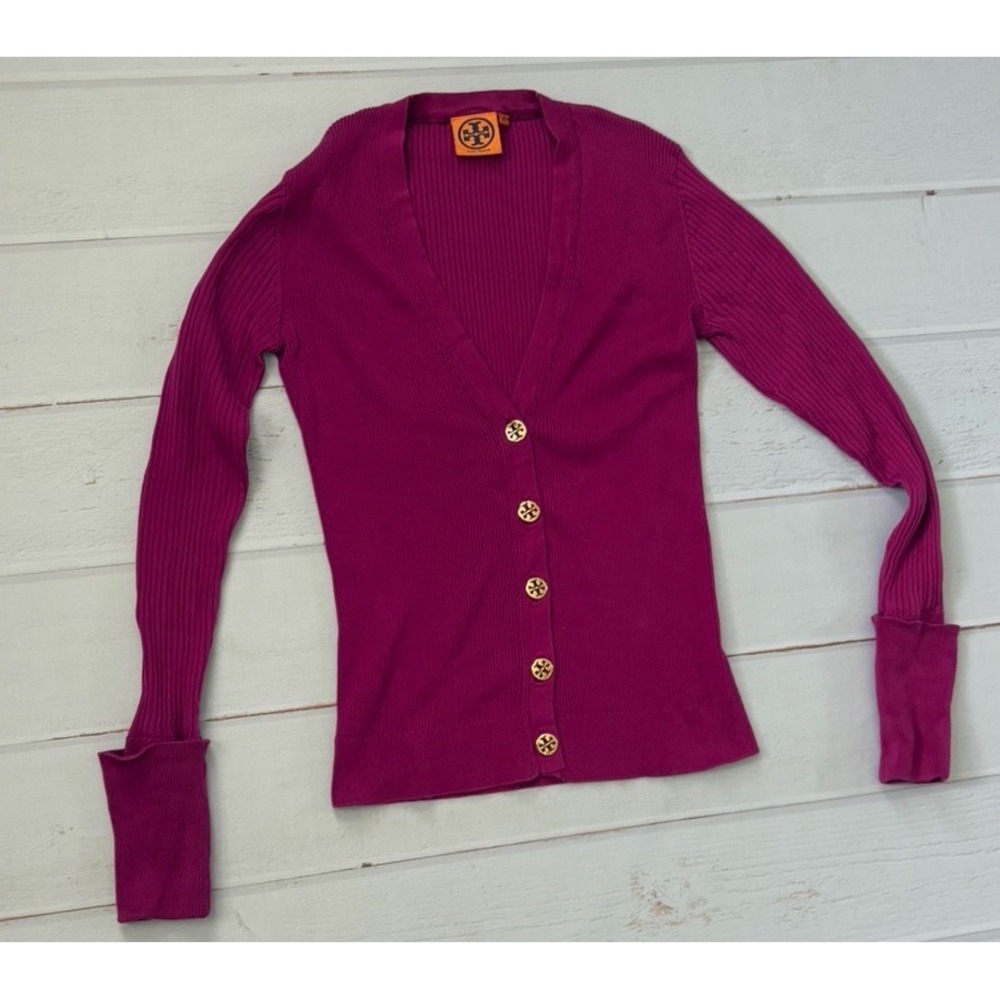 Tory Burch Women's Cardigan Xsmall Magenta Pink 100% Cotton V-Neck Gold Buttons
